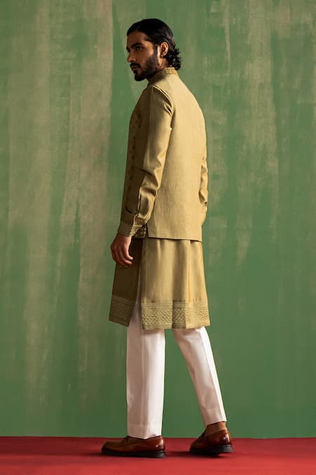 Buy_Studio Bagechaa_Green Chanderi Silk, Linen, Satin Embroidery, Sequins, Sage Bundi And Kurta Set _Online_at_Aza_Fashions