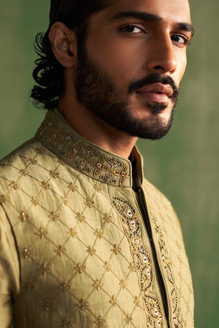 Shop_Studio Bagechaa_Green Chanderi Silk, Linen, Satin Embroidery, Sequins, Sage Bundi And Kurta Set _Online_at_Aza_Fashions