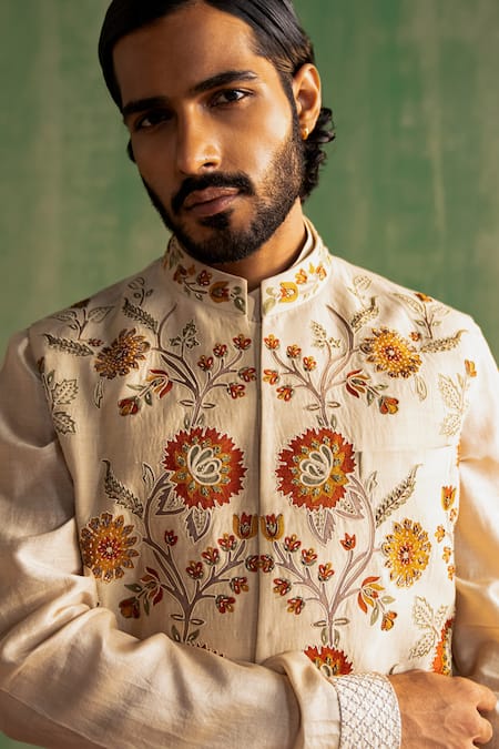 Shop_Studio Bagechaa_Ivory Chanderi Silk, Linen Beads, Sequins, Cut Work, Dori Bundi And Kurta Set _Online_at_Aza_Fashions