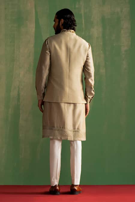 Studio Bagechaa_Gray Chanderi Silk, Linen, Satin Embroidery Floral Vine Bundi And Kurta Set _Online_at_Aza_Fashions