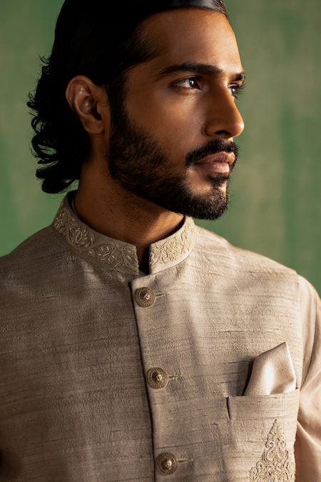 Studio Bagechaa_Gray Chanderi , Beads, Embroidery, Diamonds Dori Bundi And Kurta Set _Online_at_Aza_Fashions