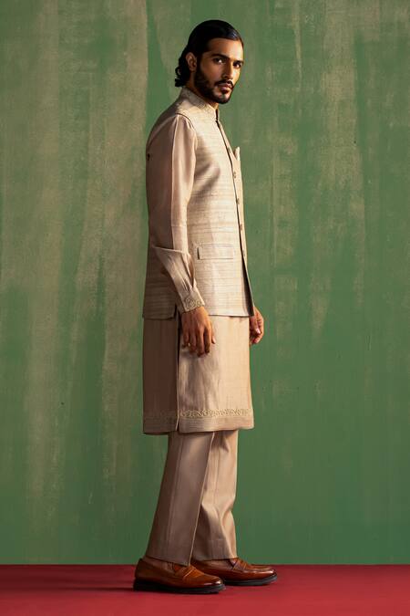 Shop_Studio Bagechaa_Gray Chanderi , Beads, Embroidery, Diamonds Dori Bundi And Kurta Set _Online_at_Aza_Fashions