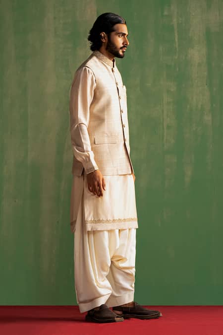 Shop_Studio Bagechaa_Beige Chanderi , Diamonds, Embroidery, Beads Bundi And Kurta Set _Online_at_Aza_Fashions