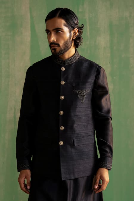 Studio Bagechaa_Black , Chanderi Embroidery, Beads Bundi And Kurta Set _Online_at_Aza_Fashions