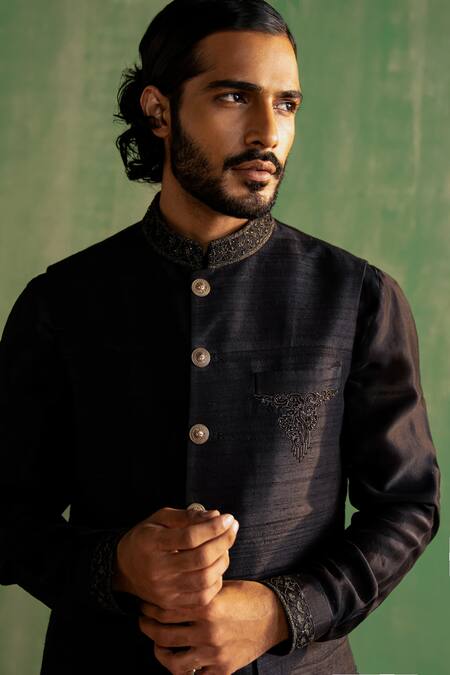 Buy_Studio Bagechaa_Black , Chanderi Embroidery, Beads Bundi And Kurta Set _Online_at_Aza_Fashions