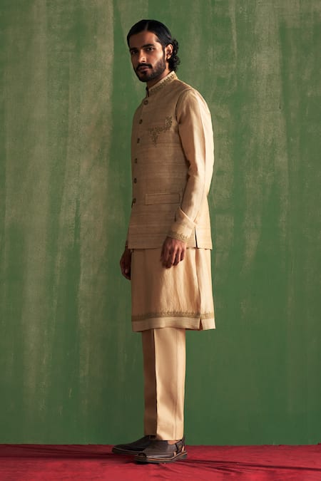 Buy_Studio Bagechaa_Beige Chanderi , Beads, Embroidery Dori Placement Bundi Set _Online_at_Aza_Fashions