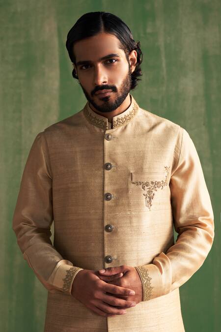 Shop_Studio Bagechaa_Beige Chanderi , Beads, Embroidery Dori Placement Bundi Set _Online_at_Aza_Fashions