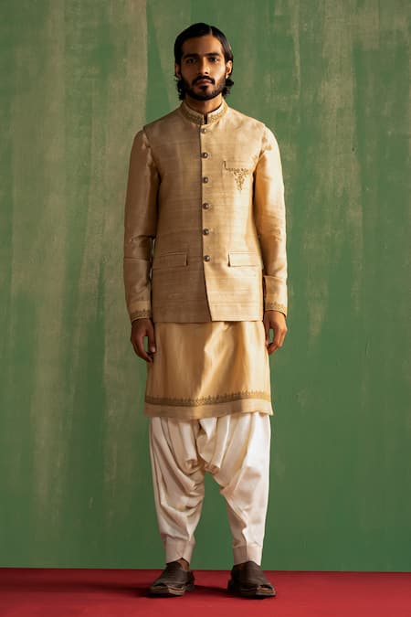 Studio Bagechaa Beige Raw Silk Embroidery Bead Ranvir Placement Bundi And Kurta Set 