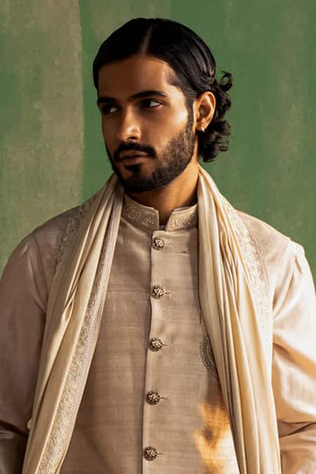 Shop_Studio Bagechaa_Beige , Chanderi Beads, Diamonds Embroidered Bundi And Kurta Set _Online_at_Aza_Fashions