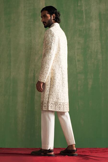 Shop Studio Bagechaa Ivory Chanderi , Beads, Sequins, Vyom Thread Embroidered Sherwani Set at Aza Fashions Shop_Studio Bagechaa_Ivory Chanderi , Beads, Sequins, Vyom Thread Embroidered Sherwani Set_at_Aza_Fashions