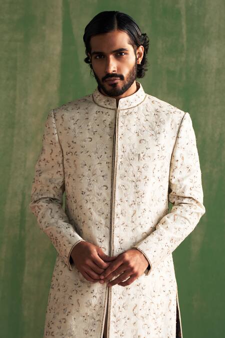Studio Bagechaa Ivory Chanderi , Beads, Sequins, Vyom Thread Embroidered Sherwani Set Online at Aza Fashions Studio Bagechaa_Ivory Chanderi , Beads, Sequins, Vyom Thread Embroidered Sherwani Set_Online_at_Aza_Fashions