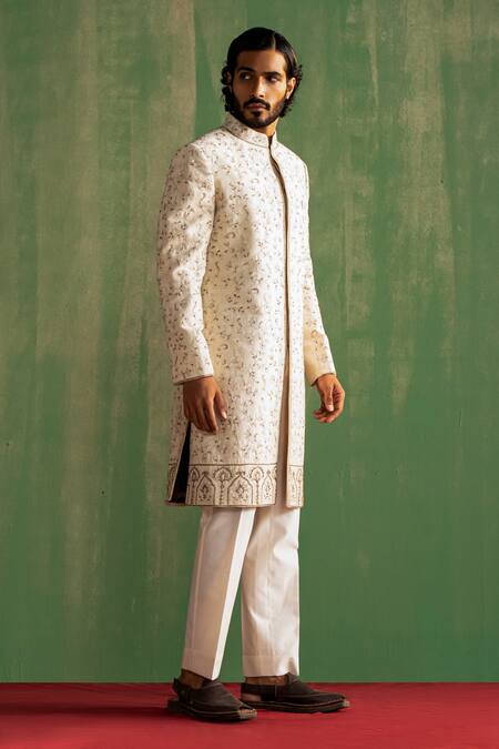 Shop Studio Bagechaa Ivory Chanderi , Beads, Sequins, Vyom Thread Embroidered Sherwani Set Online at Aza Fashions Shop_Studio Bagechaa_Ivory Chanderi , Beads, Sequins, Vyom Thread Embroidered Sherwani Set_Online_at_Aza_Fashions