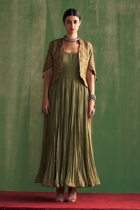 Studio Bagechaa Green Fine Silk Embroidered Sequin Scoop Bhavi Jacket With Anarkali 