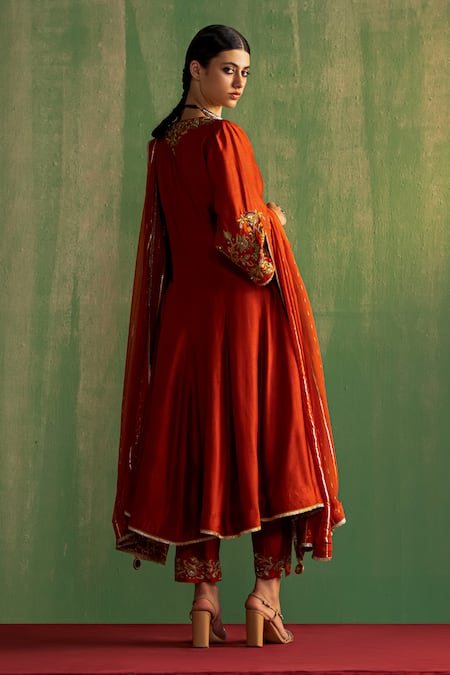Studio Bagechaa_Orange Silk, Cotton Sequins, Beads, Embroidery Split Kaavya Anarkali Pant Set _Online_at_Aza_Fashions