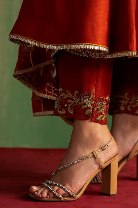 Buy_Studio Bagechaa_Orange Silk, Cotton Sequins, Beads, Embroidery Split Kaavya Anarkali Pant Set _Online_at_Aza_Fashions