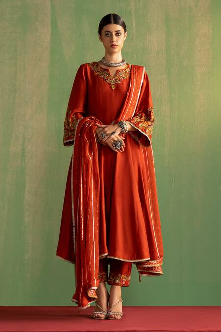 Shop_Studio Bagechaa_Orange Silk, Cotton Sequins, Beads, Embroidery Split Kaavya Anarkali Pant Set _Online_at_Aza_Fashions