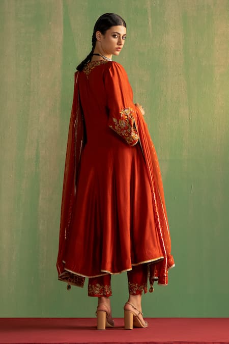 Studio Bagechaa_Orange Silk, Cotton Sequins, Beads, Embroidery Split Kaavya Anarkali Pant Set _at_Aza_Fashions