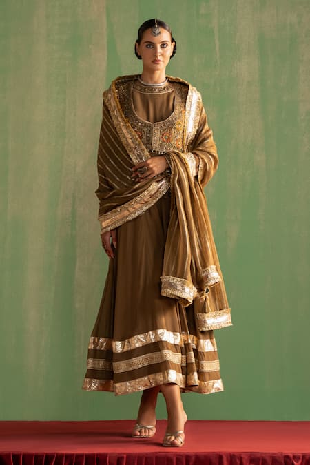 Studio Bagechaa Brown Fine Silk Embroidered Sequin Round Bhavna Jacket With Anarkali Set 