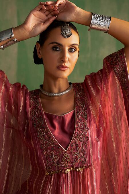 Shop Studio Bagechaa Pink Organza Tassels Mauve Thread Embroidered Kaftan Set Online at Aza Fashions Shop_Studio Bagechaa_Pink Organza Tassels Mauve Thread Embroidered Kaftan Set _Online_at_Aza_Fashions