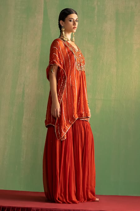 Studio Bagechaa_Orange Georgette, Lurex Embroidery, Sequins, Nyla Short Kaftan And Sharara Set _Online_at_Aza_Fashions