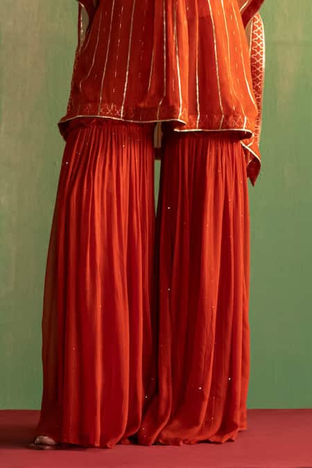 Buy_Studio Bagechaa_Orange Georgette, Lurex Embroidery, Sequins, Nyla Short Kaftan And Sharara Set _Online_at_Aza_Fashions