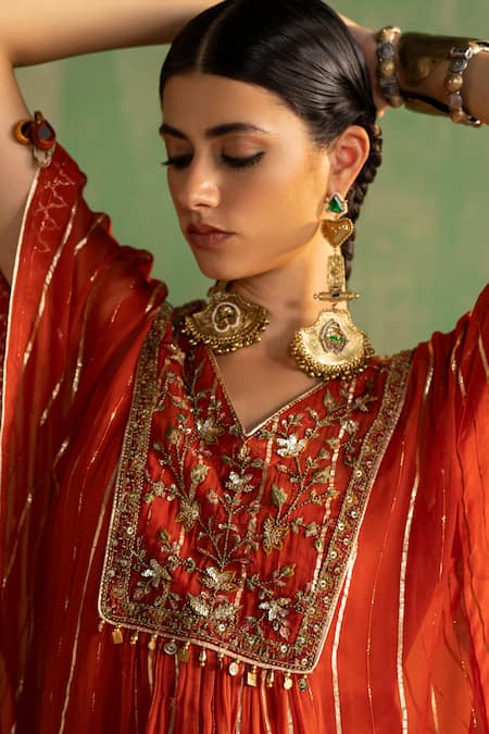 Shop_Studio Bagechaa_Orange Georgette, Lurex Embroidery, Sequins, Nyla Short Kaftan And Sharara Set _Online_at_Aza_Fashions
