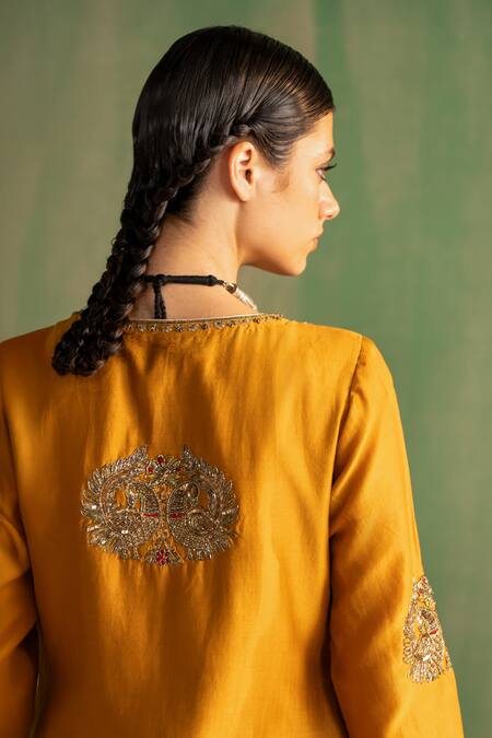 Studio Bagechaa_Yellow Chanderi, Cotton Sequins, Embroidery V-neck Vanya Kurta With Pant _at_Aza_Fashions