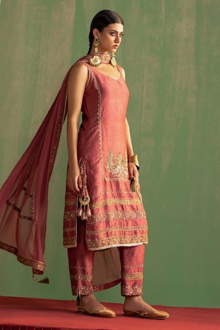 Buy_Studio Bagechaa_Pink Silk, Cotton Mirrors, Embroidery, Beads, Sequins Akansha Kurta Pant Set _Online_at_Aza_Fashions