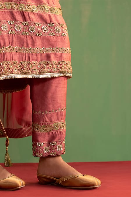 Shop_Studio Bagechaa_Pink Silk, Cotton Mirrors, Embroidery, Beads, Sequins Akansha Kurta Pant Set _Online_at_Aza_Fashions
