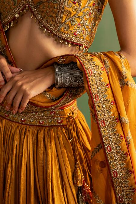 Studio Bagechaa_Yellow Chanderi, Cotton Sequins, Beads V-neck Vritika Embroidered Lehenga Set _Online_at_Aza_Fashions