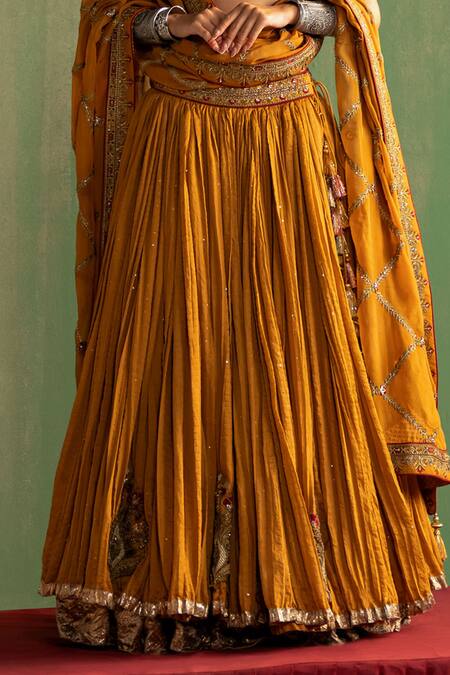Buy_Studio Bagechaa_Yellow Chanderi, Cotton Sequins, Beads V-neck Vritika Embroidered Lehenga Set _Online_at_Aza_Fashions