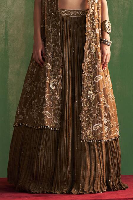 Studio Bagechaa_Brown Georgette Sequins, Beads V-neck Devika Embroidered Jacket With Lehenga Set _Online_at_Aza_Fashions