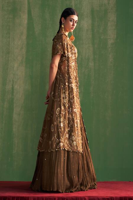 Buy_Studio Bagechaa_Brown Georgette Sequins, Beads V-neck Devika Embroidered Jacket With Lehenga Set _Online_at_Aza_Fashions