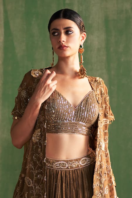 Shop_Studio Bagechaa_Brown Georgette Sequins, Beads V-neck Devika Embroidered Jacket With Lehenga Set _Online_at_Aza_Fashions