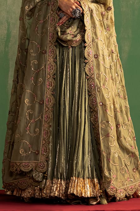 Studio Bagechaa_Green Chanderi, Cotton, Lurex Sequins, Beads Ishira Embroidered Lehenga Set _Online_at_Aza_Fashions
