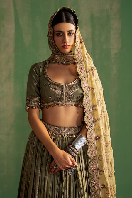 Buy_Studio Bagechaa_Green Chanderi, Cotton, Lurex Sequins, Beads Ishira Embroidered Lehenga Set _Online_at_Aza_Fashions