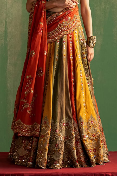 Buy Studio Bagechaa Multi Color Silk, Cotton Mirrors, Sequins, Embroidery Plunge Arohi Lehenga Set Online at Aza Fashions Buy_Studio Bagechaa_Multi Color Silk, Cotton Mirrors, Sequins, Embroidery Plunge Arohi Lehenga Set _Online_at_Aza_Fashions
