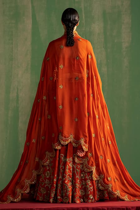 Shop_Studio Bagechaa_Orange Silk, Cotton Mirrors, Sequins, Embroidery Off-shoulder Zaina Lehenga Set _at_Aza_Fashions