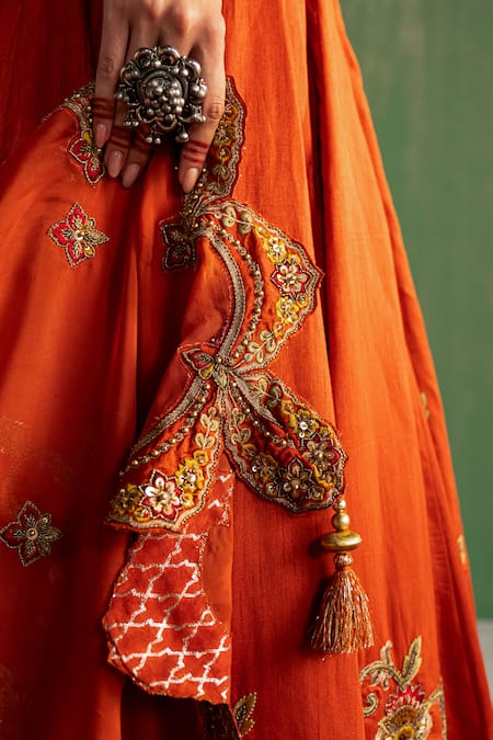 Studio Bagechaa_Orange Silk, Cotton Mirrors, Sequins, Embroidery Off-shoulder Zaina Lehenga Set _Online_at_Aza_Fashions