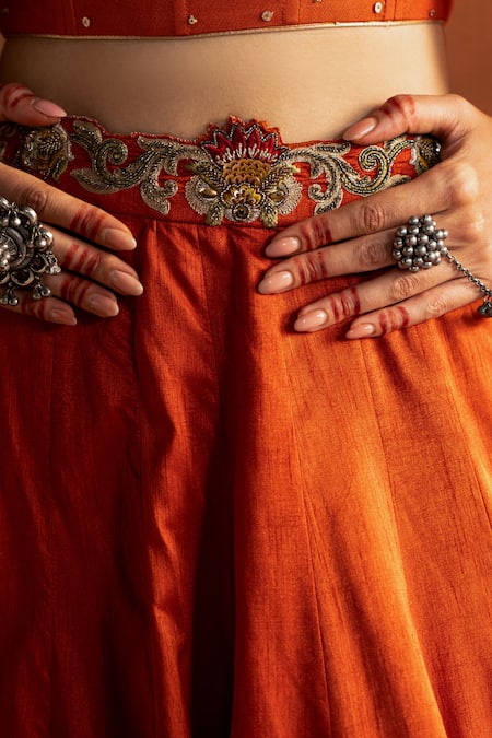 Buy_Studio Bagechaa_Orange Silk, Cotton Mirrors, Sequins, Embroidery Off-shoulder Zaina Lehenga Set _Online_at_Aza_Fashions