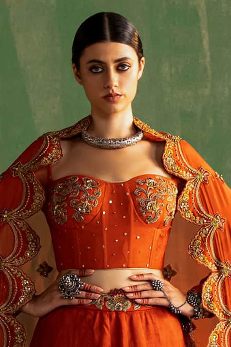 Shop_Studio Bagechaa_Orange Silk, Cotton Mirrors, Sequins, Embroidery Off-shoulder Zaina Lehenga Set _Online_at_Aza_Fashions