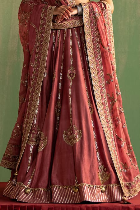 Studio Bagechaa_Pink Silk, Cotton Sequins, Beads V-neck Tarani Embroidered Lehenga Set _Online_at_Aza_Fashions