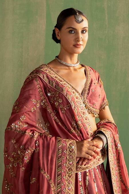 Buy_Studio Bagechaa_Pink Silk, Cotton Sequins, Beads V-neck Tarani Embroidered Lehenga Set _Online_at_Aza_Fashions