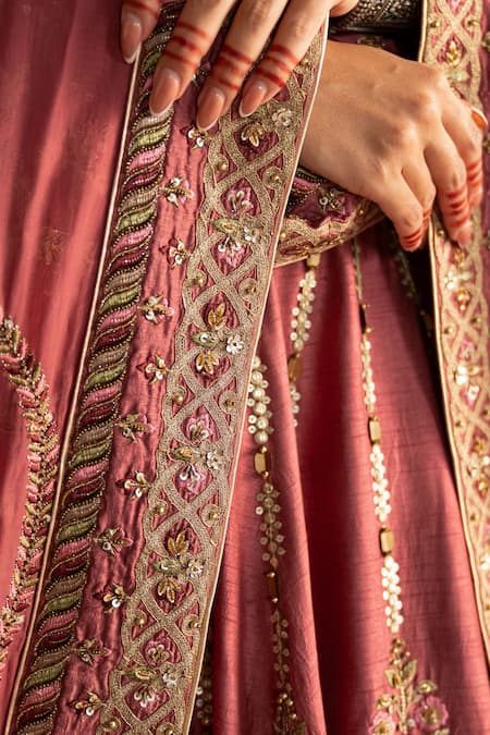 Shop_Studio Bagechaa_Pink Silk, Cotton Sequins, Beads V-neck Tarani Embroidered Lehenga Set _Online_at_Aza_Fashions