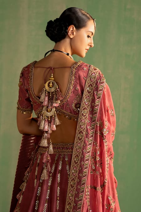 Studio Bagechaa_Pink Silk, Cotton Sequins, Beads V-neck Tarani Embroidered Lehenga Set _at_Aza_Fashions