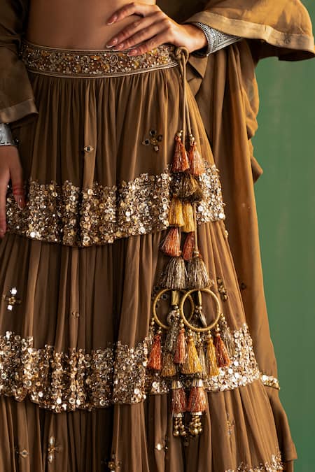 Studio Bagechaa_Brown Georgette, Linen Sequins, Beads, Embroidery Bhumika Lehenga Set _Online_at_Aza_Fashions