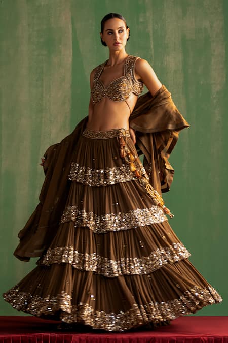 Shop_Studio Bagechaa_Brown Georgette, Linen Sequins, Beads, Embroidery Bhumika Lehenga Set _Online_at_Aza_Fashions