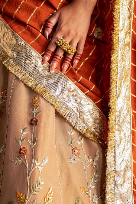Studio Bagechaa Beige Silk, Chanderi Sequins, Beads, Embroidery Asymmetric Tanuja Lehenga Set at Aza Fashions Studio Bagechaa_Beige Silk, Chanderi Sequins, Beads, Embroidery Asymmetric Tanuja Lehenga Set _at_Aza_Fashions