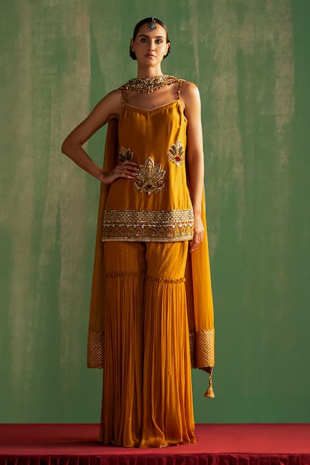 Studio Bagechaa Yellow Chanderi Embroidered Sequin Geometric Shruti Kurta Sharara Set 