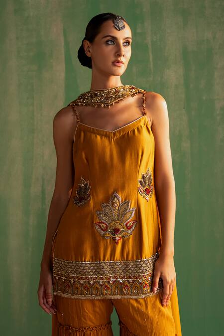 Buy_Studio Bagechaa_Yellow Chanderi, Linen Sequins, Beads Shruti Embroidered Kurta Sharara Set _Online_at_Aza_Fashions
